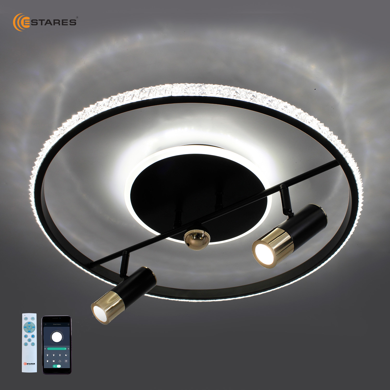 Управляемая светодиодная люстра SIRENA 56W 2R-APP-500x183-BLACK/GOLD/CRYSTAL-220-IP20