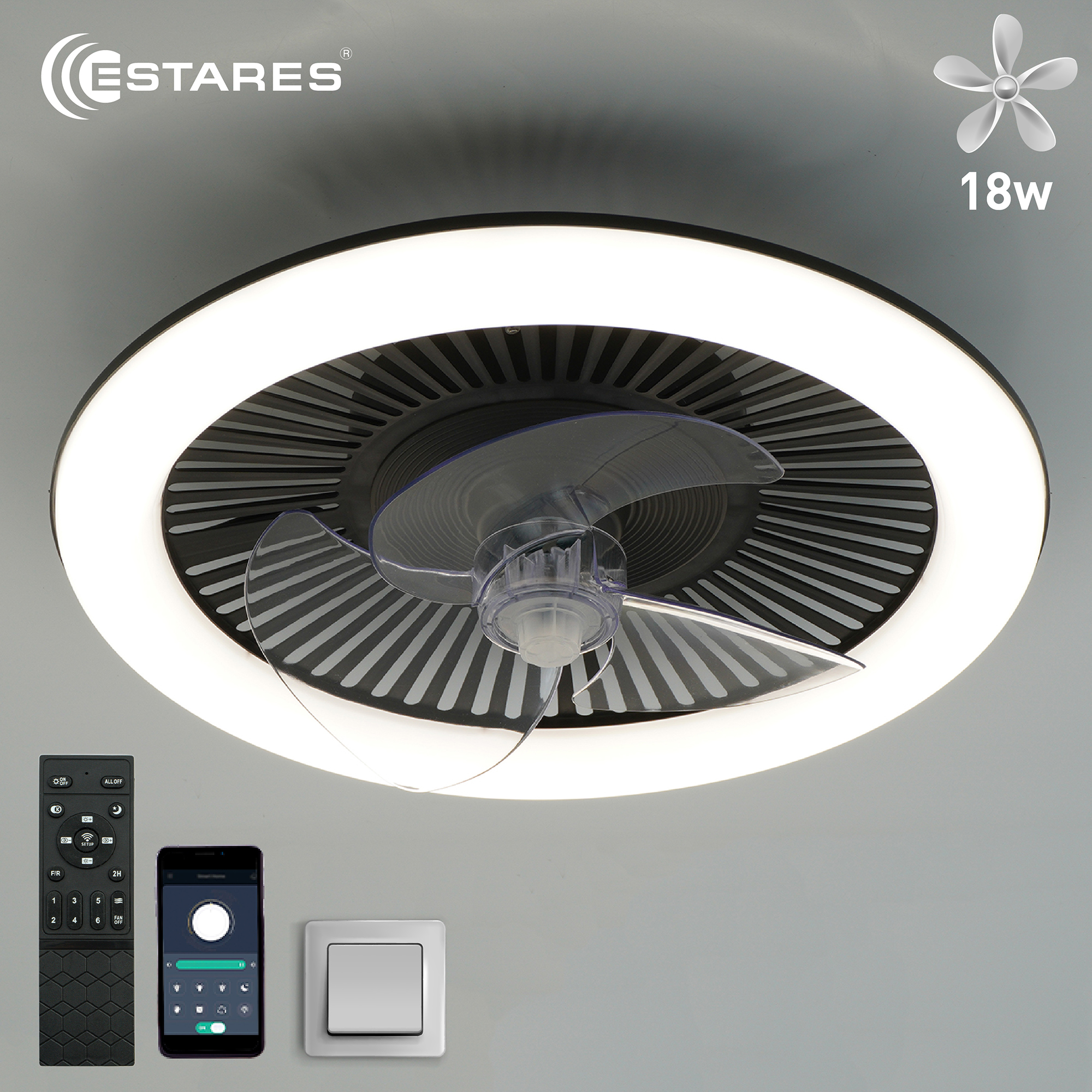 Управляемая LEDлюстра с вентилятором FN-LM TOP 70W+18W R-APP-480x125-BLACK/WHITE-220-IP20/SMARTHOME