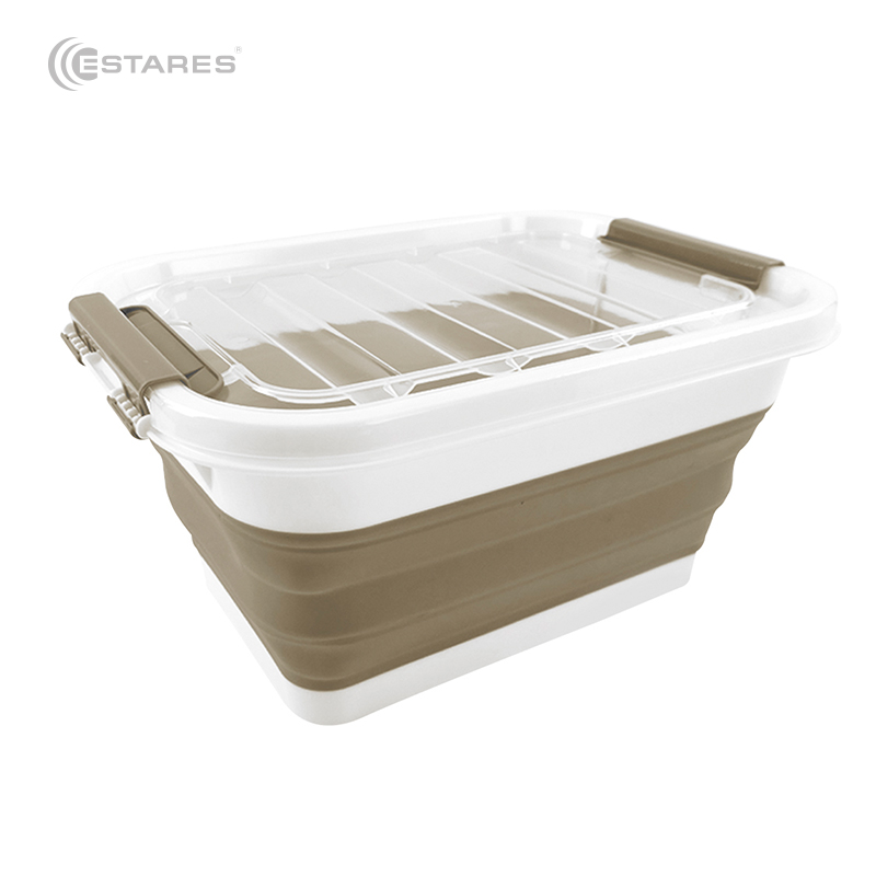 Таз-контейнер с крышкой силиконовый складной es-fl-portable-10l-39x28х19(7)-white beige