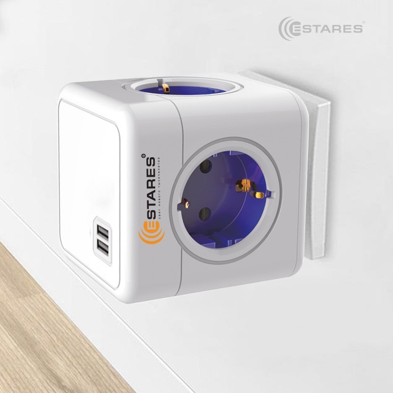 Разветвитель 4 Евро + 2 USB "COMFORT CUBE" 4G-2USB(2x2A)-blue/white-Europlug