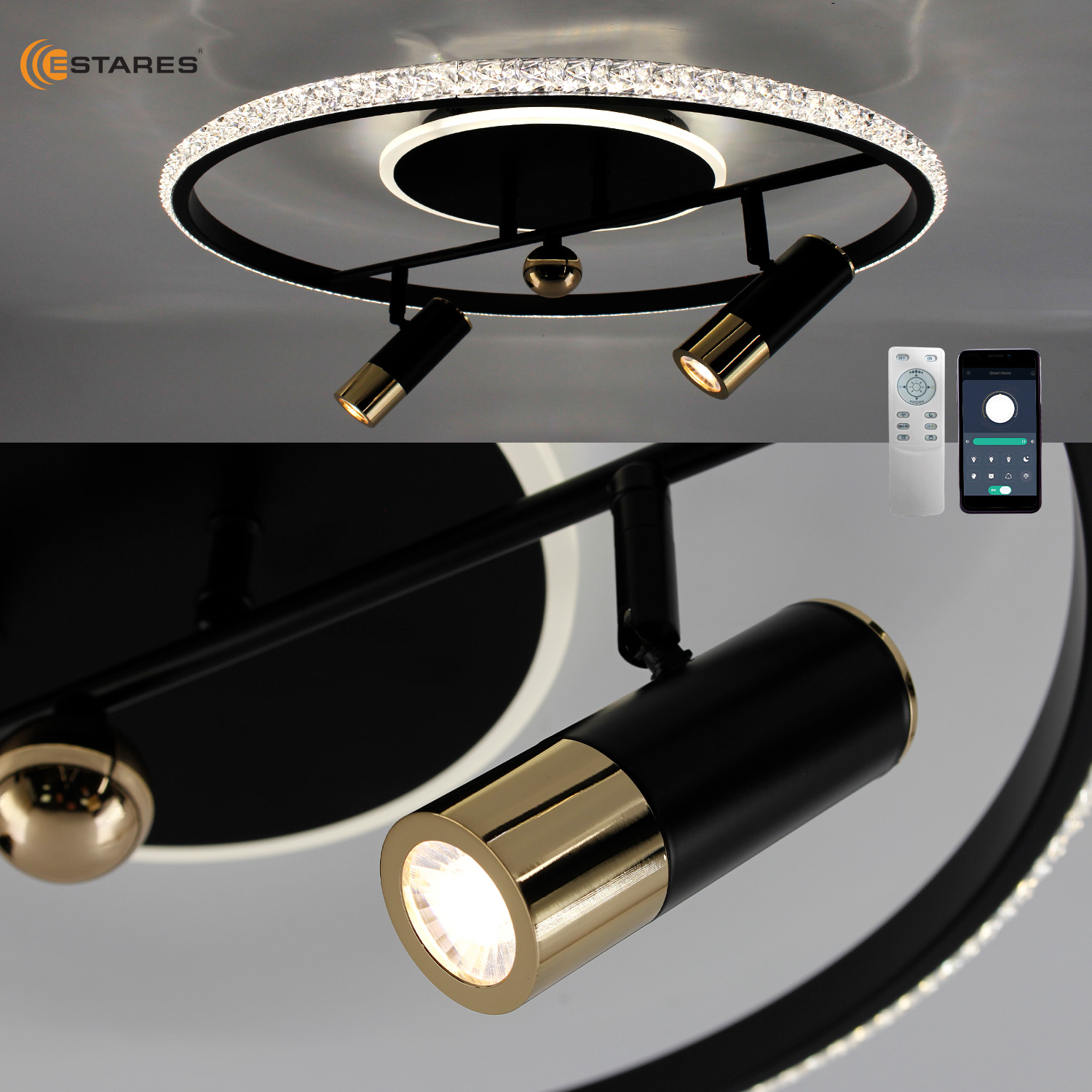 Управляемая светодиодная люстра SIRENA 56W 2R-APP-500x183-BLACK GOLD CRYSTAL-220-IP20