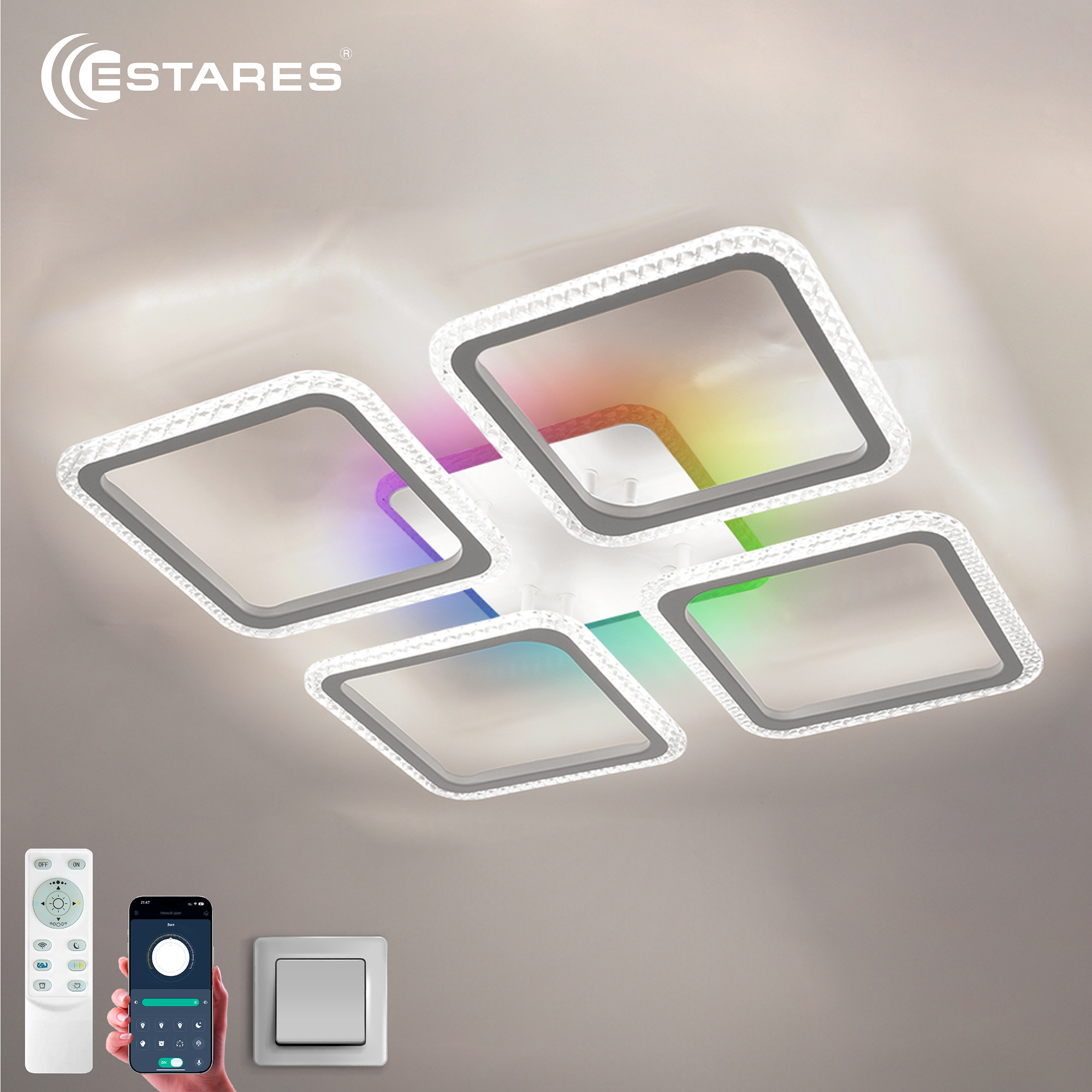 Управляемая светодиодная люстра SONNE prizma RGB 100W 5S-APP-540X540X70-WHITE/CLEAR-220-IP20