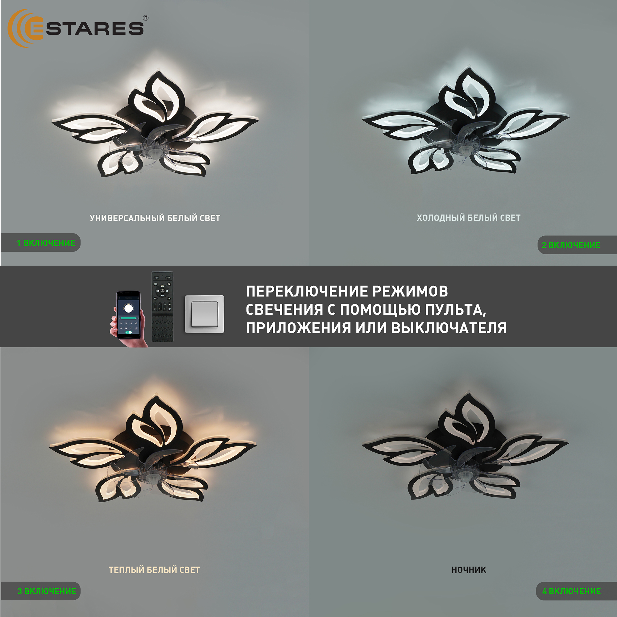 Управляемая светодиодная люстра с вент. FAN  ASTRA 100W+18W 5F-APP-680x120-BLACK WHITE-220-IP20