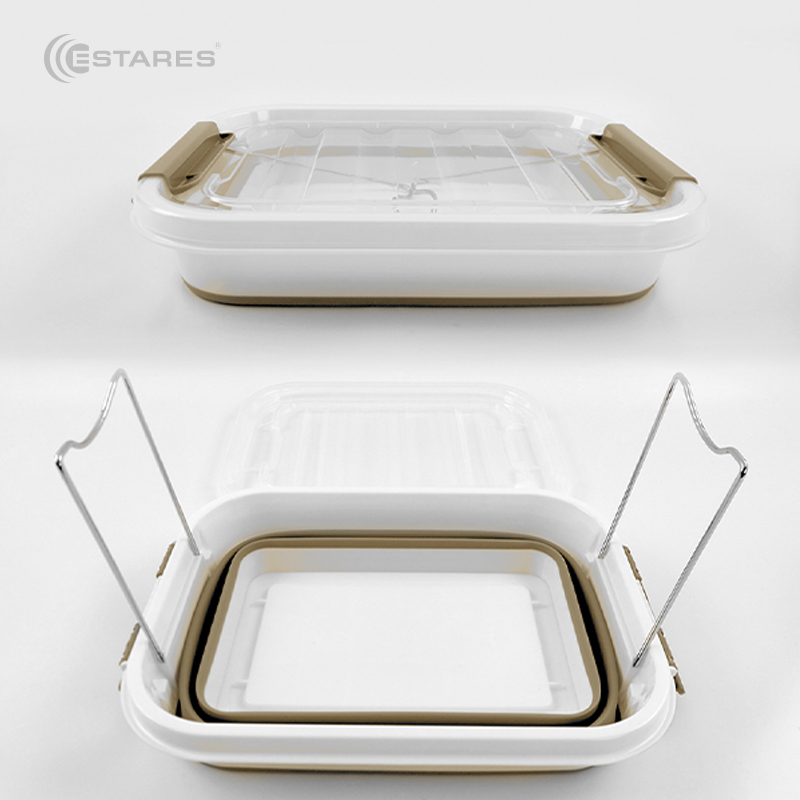 Таз-контейнер с крышкой силиконовый складной es-fl-portable-10l-39x28х19(7)-white beige