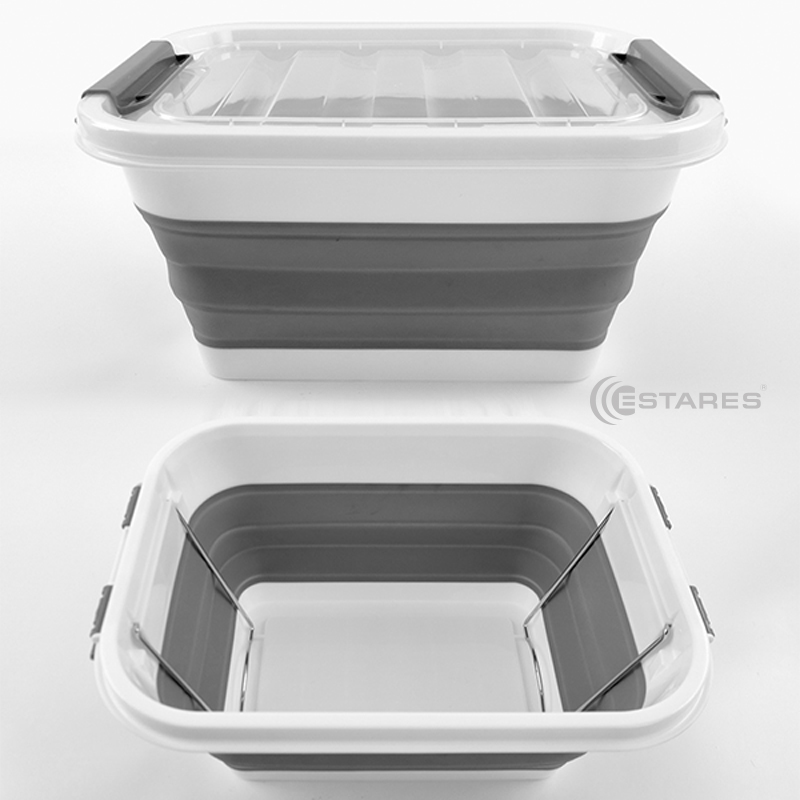 Таз-контейнер с крышкой силиконовый складной es-fl-portable-10l-39x28х19(7)-white gray