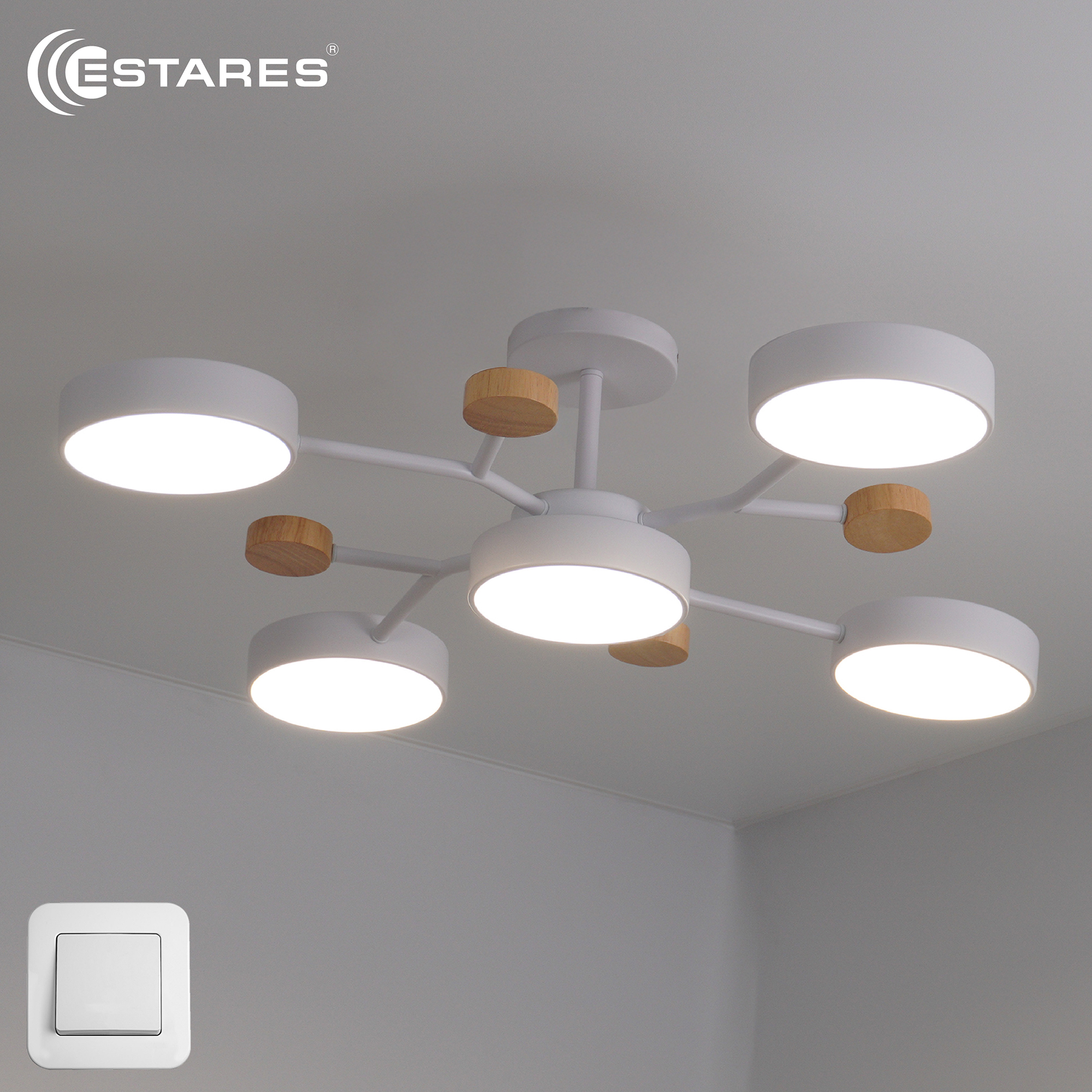 Управляемая светодиодная люстра LEVITA 75W 5R-ONOFF-750x195-WHITEWOODWHITE-220-IP20