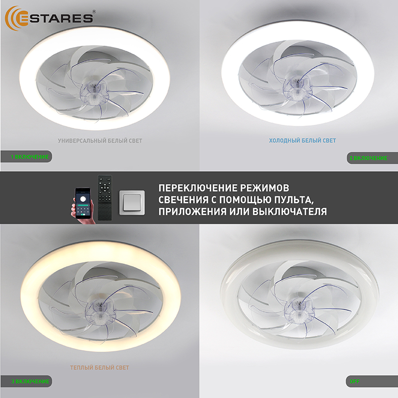 Управляемая светодиодная люстра с вент. FAN SIMPLE 65W+18W R-APP-480x125-WHITE WHITE-220-IP20