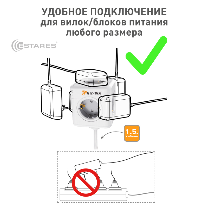 Разветвитель-удлинитель 5 Евро  COMFORT CUBE  5G-gray white-1,5m(3x1mm)