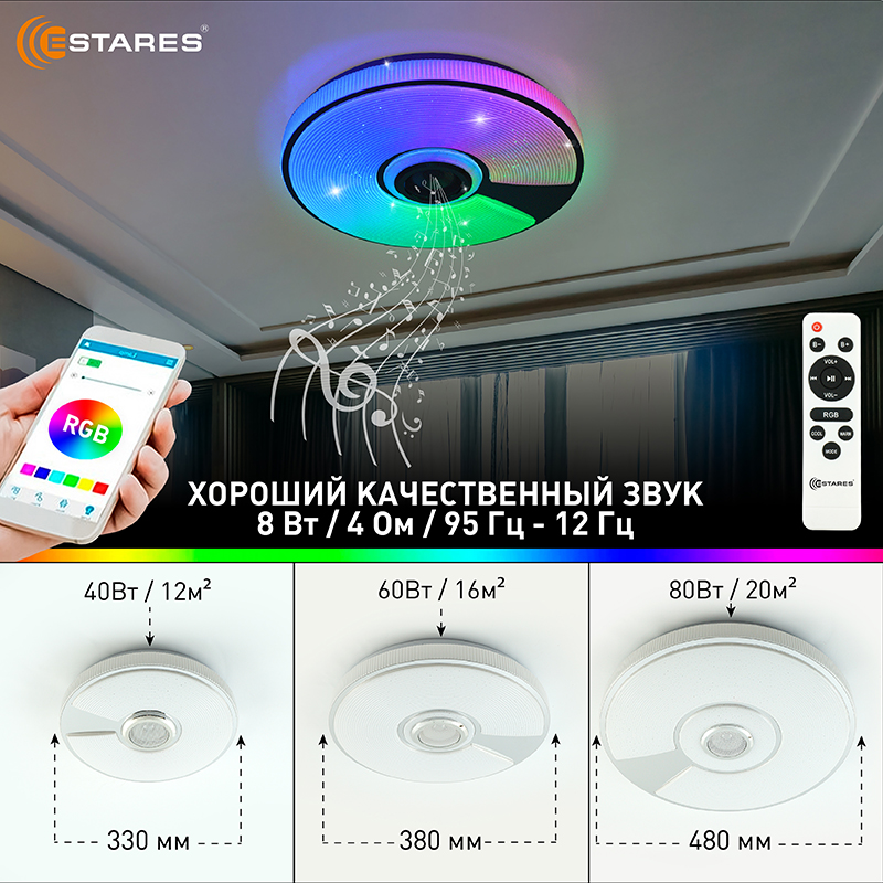 Управляемая светодиодная музыкальная люстра SONG RGB 40W R-APP-330x65-WHITE CHROME SHINY-220-IP20