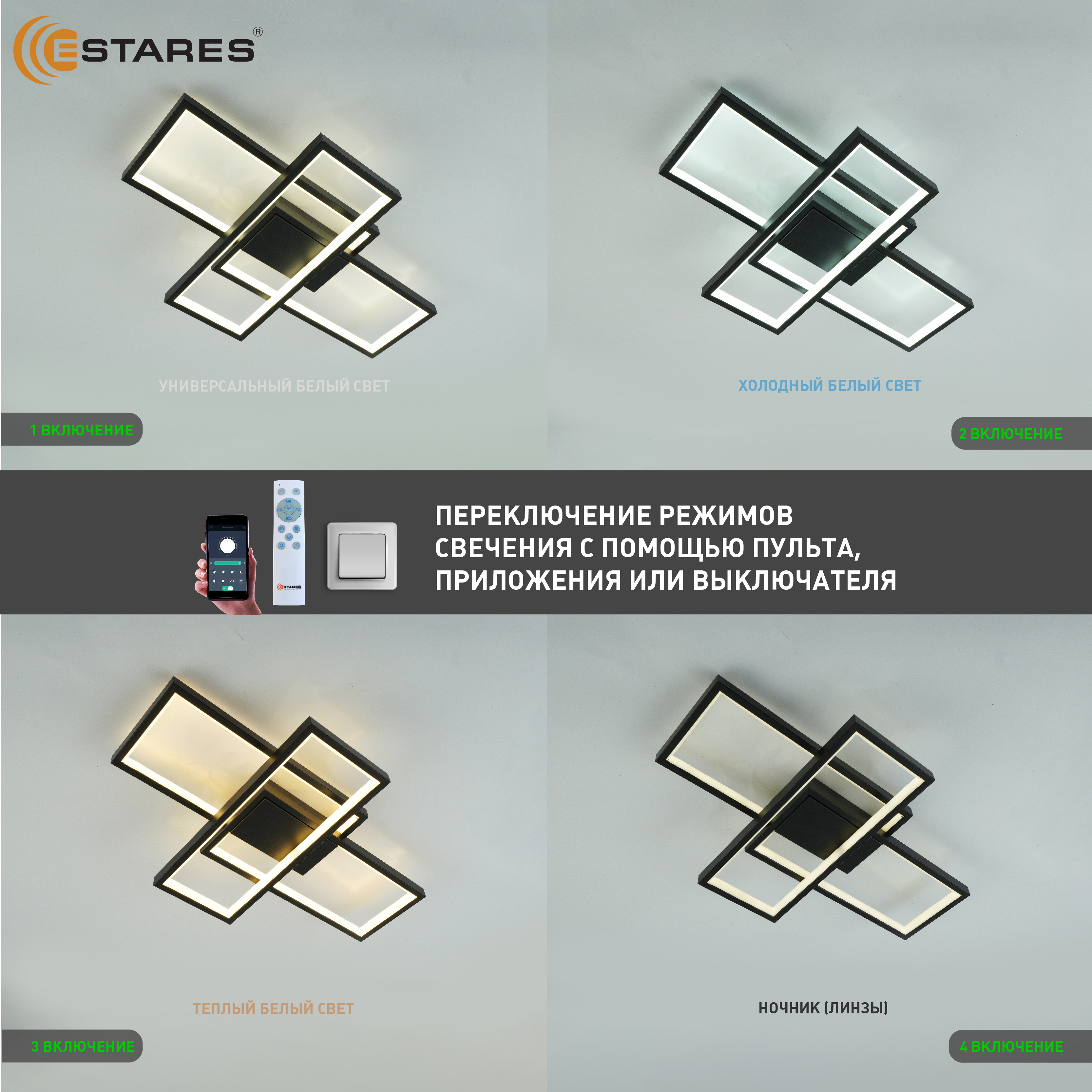 Управляемая светодиодная люстра SVEN 65W 3S-APP-550x360x80-BLACK WHITE-220-IP20