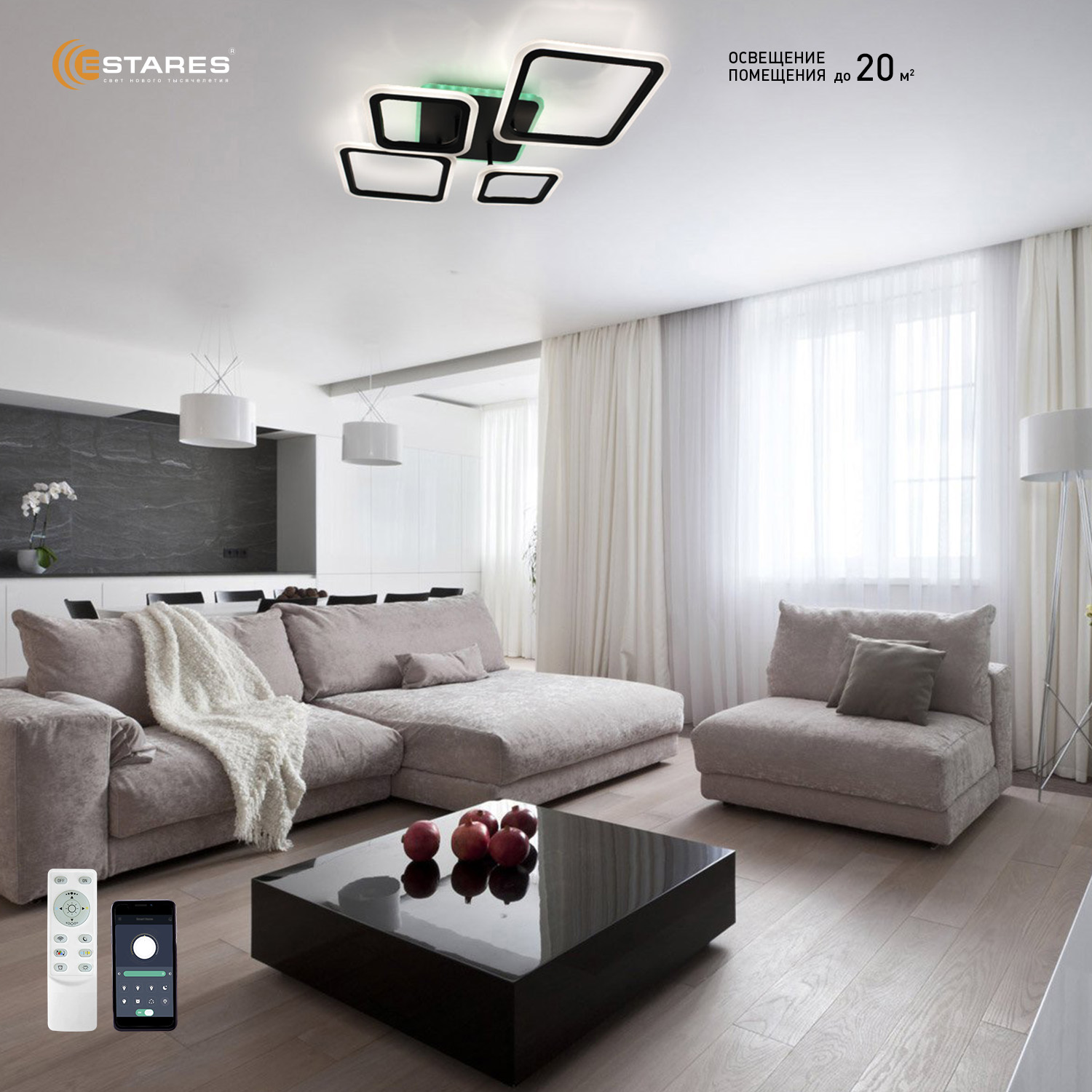 Управляемая светодиодная люстра OVAL RGB 75W 5S-APP-725х500х93-BLACK WHITE-220-IP20 Ч