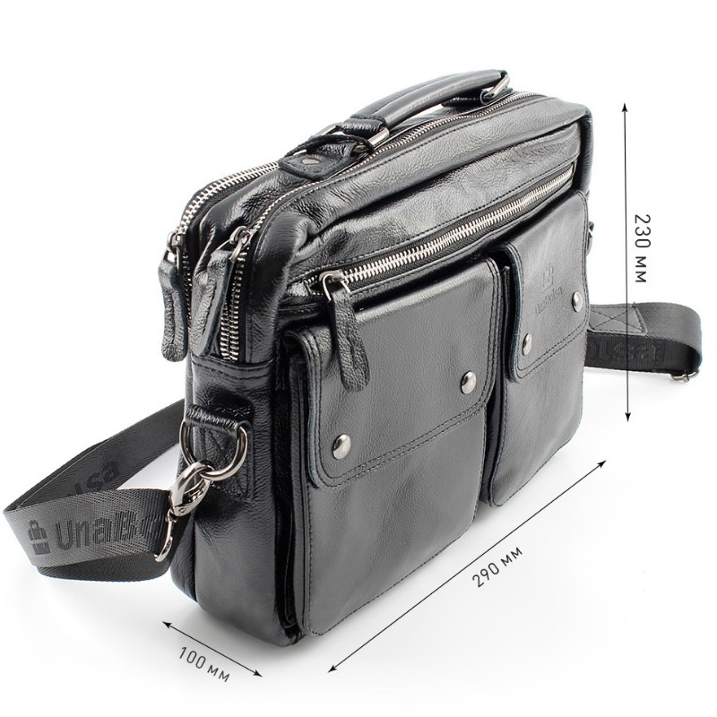 Сумка мужская из натуральной кожи UB-B304-290x230х100-black/black-молния/4 кнопки