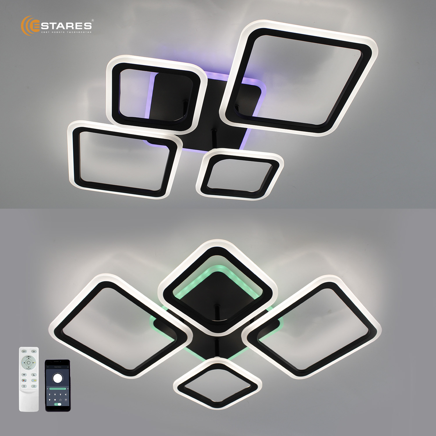 Управляемая светодиодная люстра OVAL RGB 75W 5S-APP-725х500х93-BLACK WHITE-220-IP20 Ч