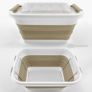 Таз-контейнер с крышкой силиконовый складной es-fl-portable-10l-39x28х19(7)-white/beige