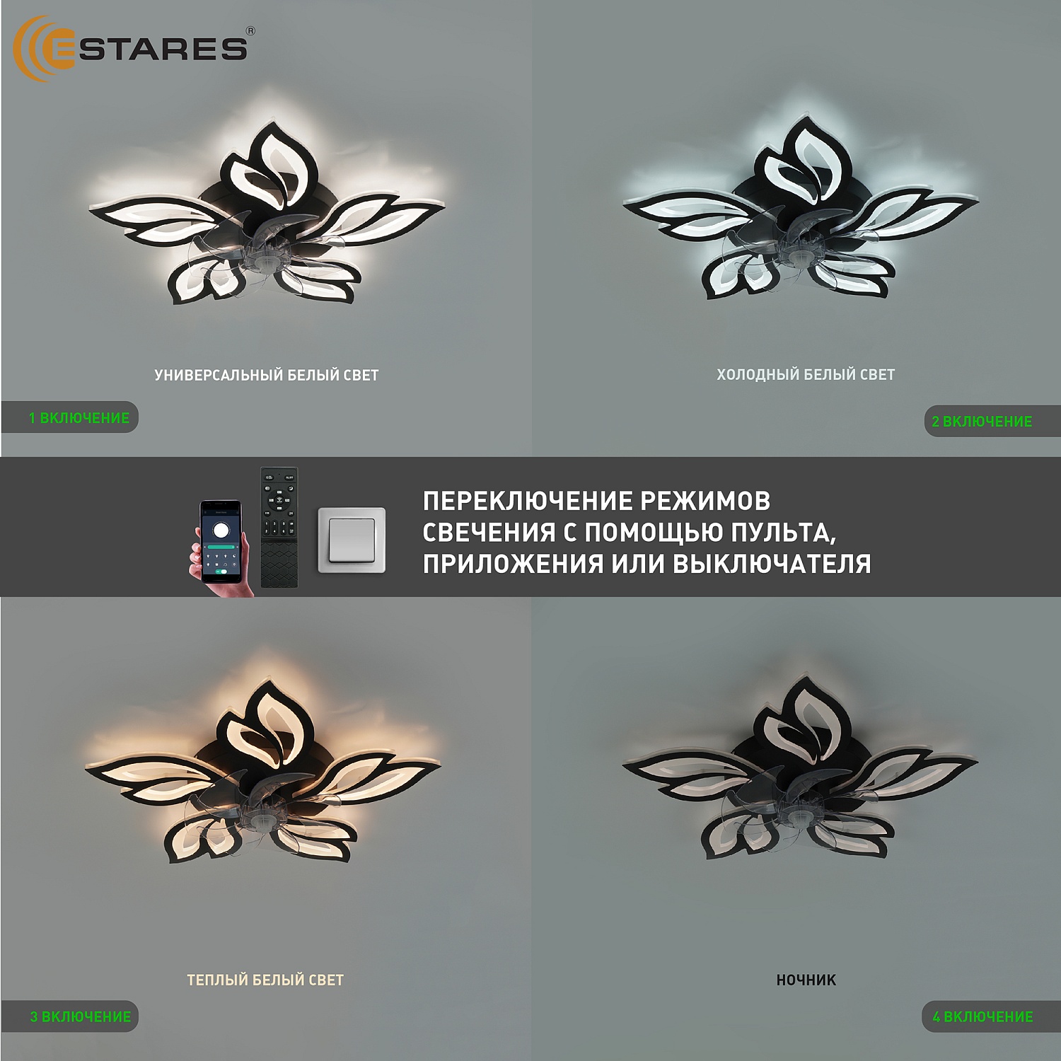Управляемая светодиодная люстра с вент. FAN  ASTRA 100W+18W 5F-APP-680x120-BLACK WHITE-220-IP20