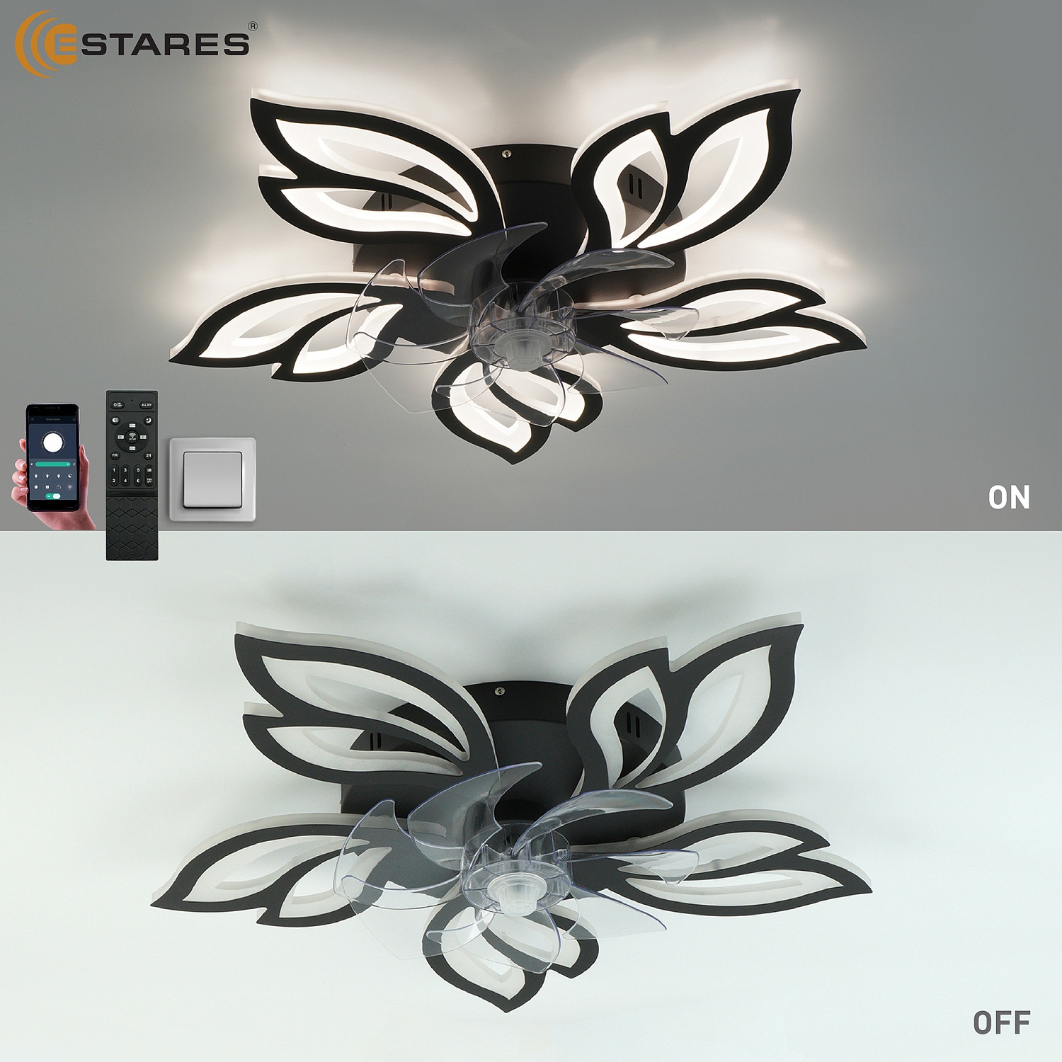 Управляемая светодиодная люстра с вент. FAN  ASTRA 100W+18W 5F-APP-680x120-BLACK WHITE-220-IP20