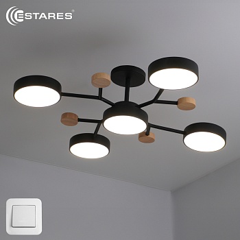 Управляемая светодиодная люстра LEVITA 75W 5R-ON/OFF-750x195-BLACK/WOOD/WHITE-220-IP20